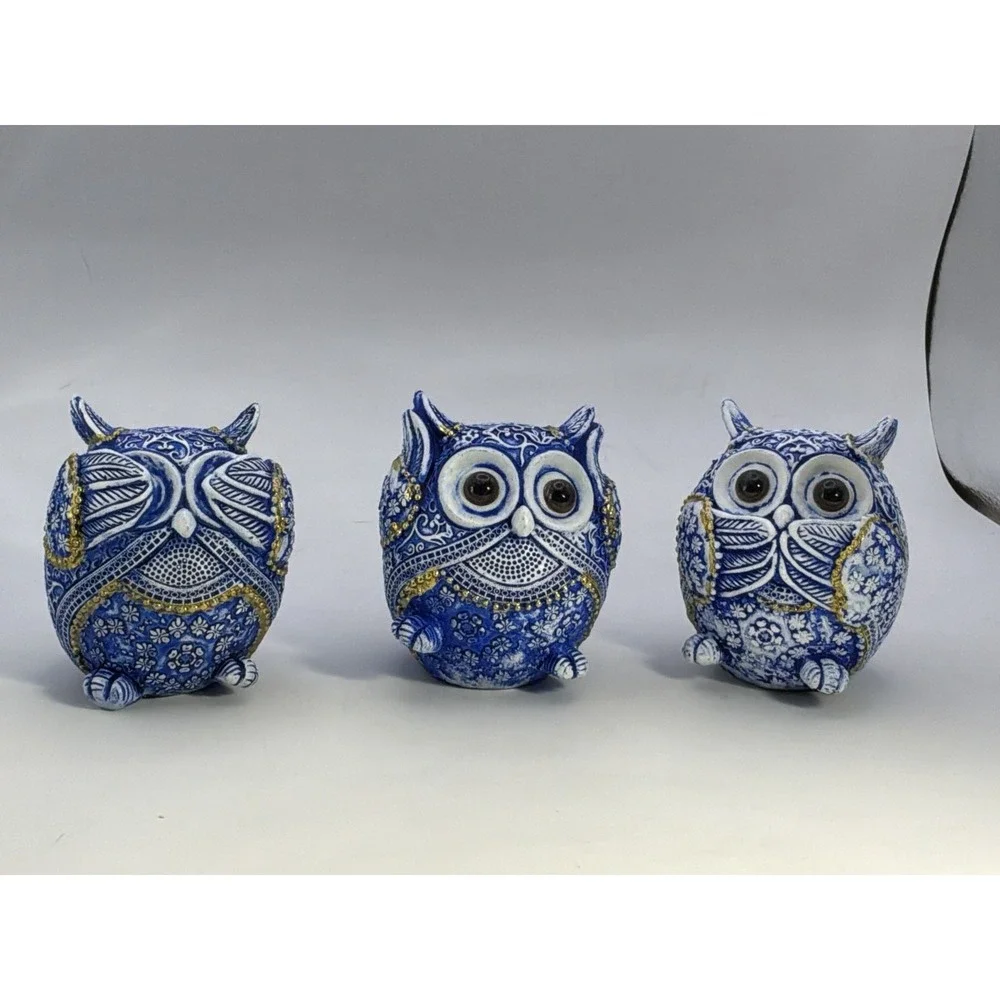 See No Evil Hear No Evil Speak No Evil Blue/white Resin Owls‎ Gold Accents